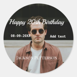 Pegatina Redonda Feliz 20 cumpleaños foto simple añadir nombre fech