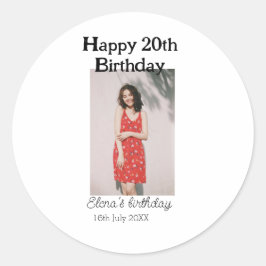 Pegatina Redonda Feliz 20 cumpleaños foto simple moderna mínima