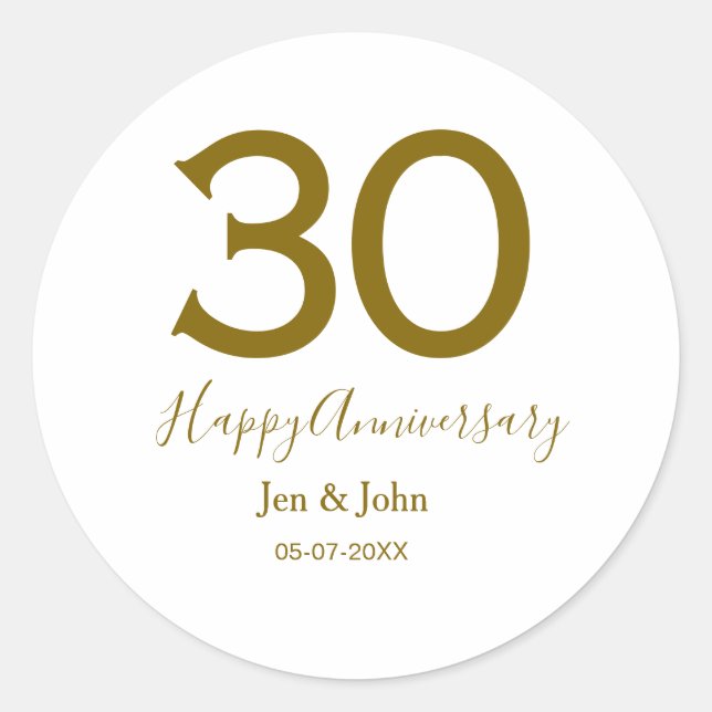 Pegatina Redonda Feliz 30 aniversario fecha de la cita dorada negri (Anverso)