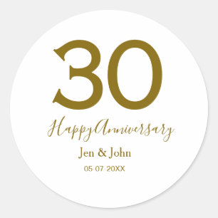 Pegatina Redonda Feliz 30 aniversario nombre fecha letras doradas e