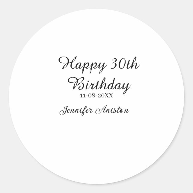Pegatina Redonda Feliz 30 cumpleaños agregar fecha elegante simple (Anverso)