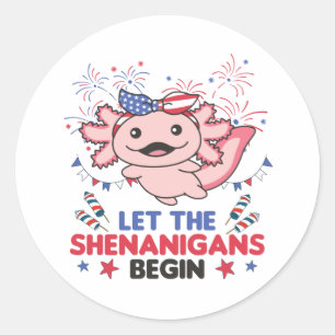 Pegatina Redonda Feliz 4º Axolotl lindo con fuegos artificiales Est