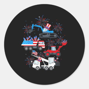 Pegatina Redonda Feliz 4 De Julio Crane Truck Construction Toddler