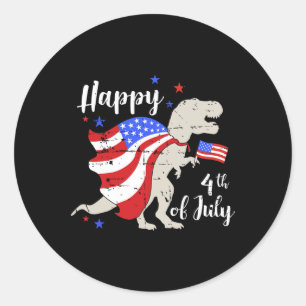 Pegatina Redonda Feliz 4 de julio día de la independencia con T-rex