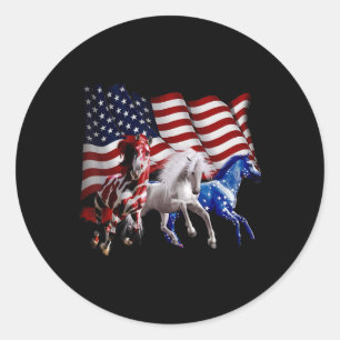 Pegatina Redonda Feliz 4 De Julio La Bandera Estadounidense Caballo