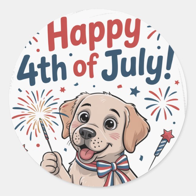 Pegatina Redonda "Feliz 4 de julio" Perro adorable (Anverso)