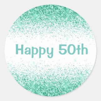 Pegatina Redonda Feliz 50.º Glam Green Purpurina Typografía elegant