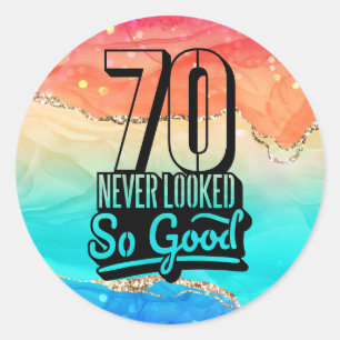 Pegatina Redonda Feliz 70 cumpleaños nunca se vio tan bien