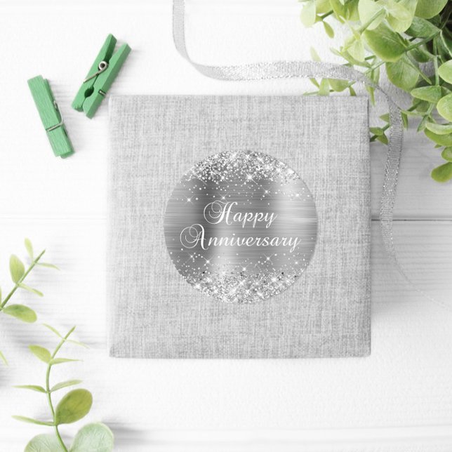 Pegatina Redonda Feliz aniversario de plata brillante con lámina (Silvery Glitter Favor Stickers)
