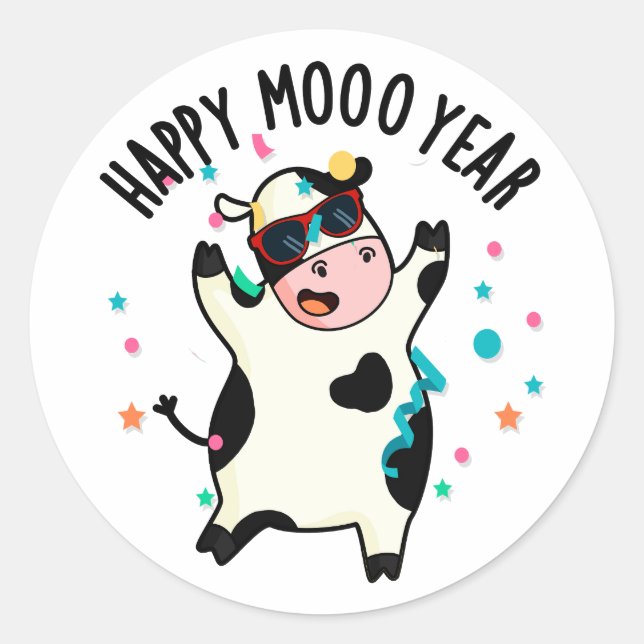 Pegatina Redonda Feliz Año Moo Divertido Cow Pun (Anverso)