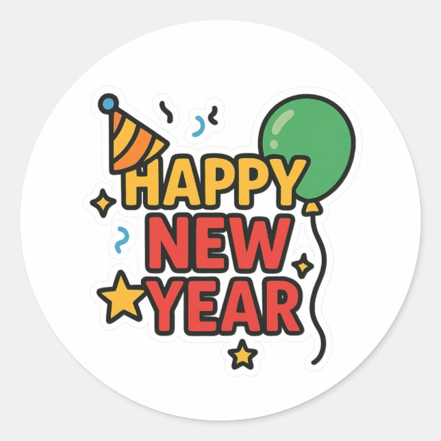 Pegatina Redonda Feliz Año Nuevo (Anverso)
