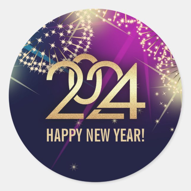 Pegatina Redonda Feliz Año Nuevo 2024. Fuegos artificiales (Anverso)