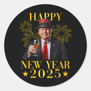 Pegatina Redonda Feliz Año Nuevo 2025 Funny Trump Año Nuevo Norteam
