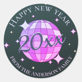 Pegatina Redonda Feliz año nuevo 2025 negro morado rosa