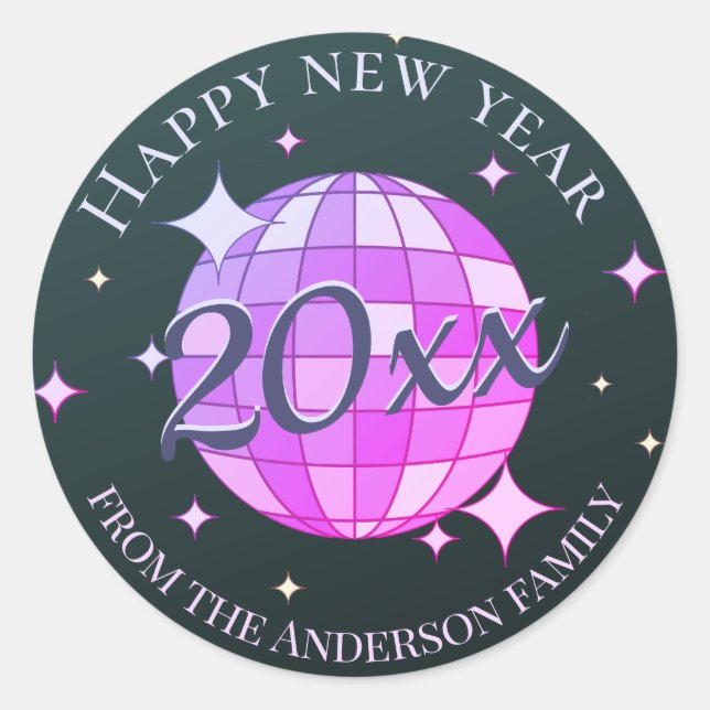 Pegatina Redonda Feliz año nuevo 2025 rosa morado negro (Anverso)