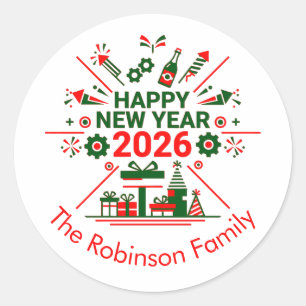 Pegatina Redonda Feliz Año Nuevo 2026