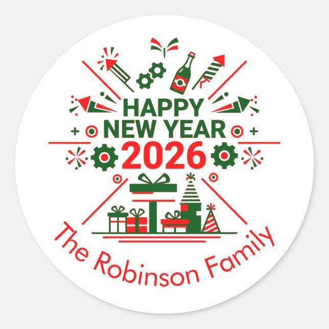 Pegatina Redonda Feliz Año Nuevo 2026 (Anverso)