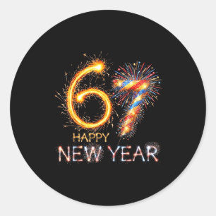Pegatina Redonda Feliz Año Nuevo 2026 67 cumpleaños Fuegos artifici