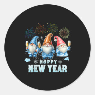 Pegatina Redonda Feliz Año Nuevo 2026 a los Fiestas de familia Gnom