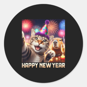 Pegatina Redonda Feliz Año Nuevo 2026 Arte de Fiesta de Gato Lindo 