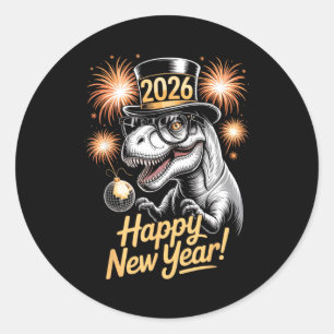 Pegatina Redonda Feliz Año Nuevo 2026 Camiseta Divertida de Dinosau