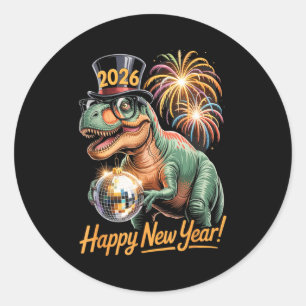 Pegatina Redonda Feliz Año Nuevo 2026 Camiseta Divertida de Dinosau
