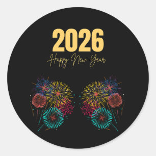Pegatina Redonda Feliz Año Nuevo 2026 Celebración de Fuegos Artific