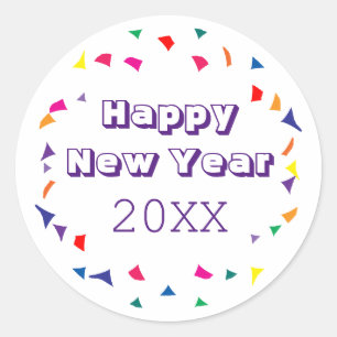 Pegatina Redonda Feliz Año Nuevo 2026 Confeti Divertido Colorido