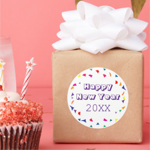 Pegatina Redonda Feliz Año Nuevo 2026 Confeti Divertido Colorido