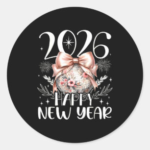 Pegatina Redonda Feliz Año Nuevo 2026 Disco Lindo Lazo Flor Año Nue
