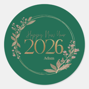 Pegatina Redonda Feliz Año Nuevo 2026 elegante verde y dorado Perso