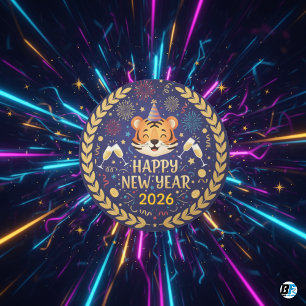 Pegatina Redonda Feliz Año Nuevo 2026 Fiesta de Celebración del Tig