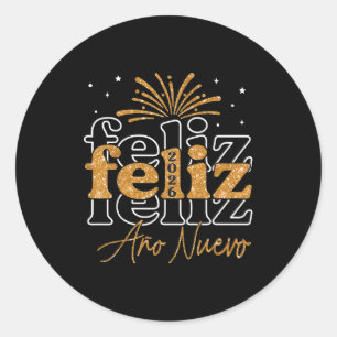 Pegatina Redonda Feliz Año Nuevo 2026 Fiesta de Nochevieja en Españ