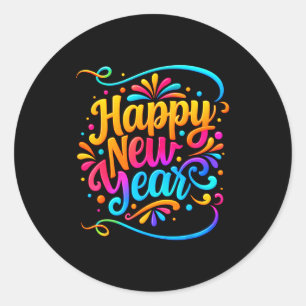 Pegatina Redonda Feliz Año Nuevo 2026 Fiesta de Nochevieja Fuegos A