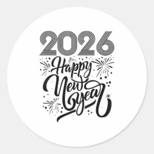 Pegatina Redonda Feliz Año Nuevo 2026, fuegos artificiales