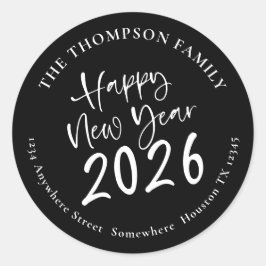 Pegatina Redonda Feliz Año Nuevo 2026 Script Return Address Black
