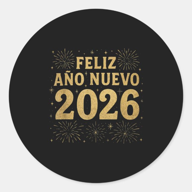 Pegatina Redonda Feliz Año Nuevo 2026 Spanish New Year Gold Firewor (Anverso)
