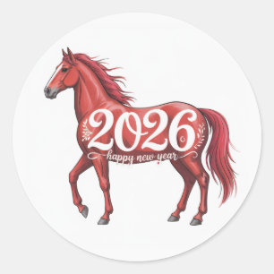 Pegatina Redonda Feliz Año Nuevo 2026 Tarjeta Ilustracion de Caball