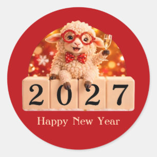 Pegatina Redonda Feliz Año Nuevo 2027 Año de la Cabra
