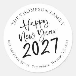 Pegatina Redonda Feliz Año Nuevo 2027 Script Nombre Dirección de Re