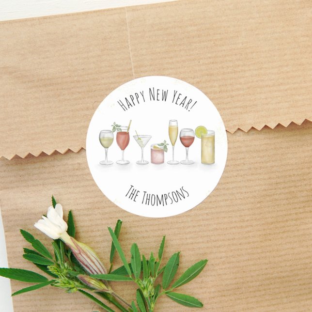 Pegatina Redonda Feliz Año Nuevo Acuarela Bebidas De Cóctel Lindas (Subido por el creador)