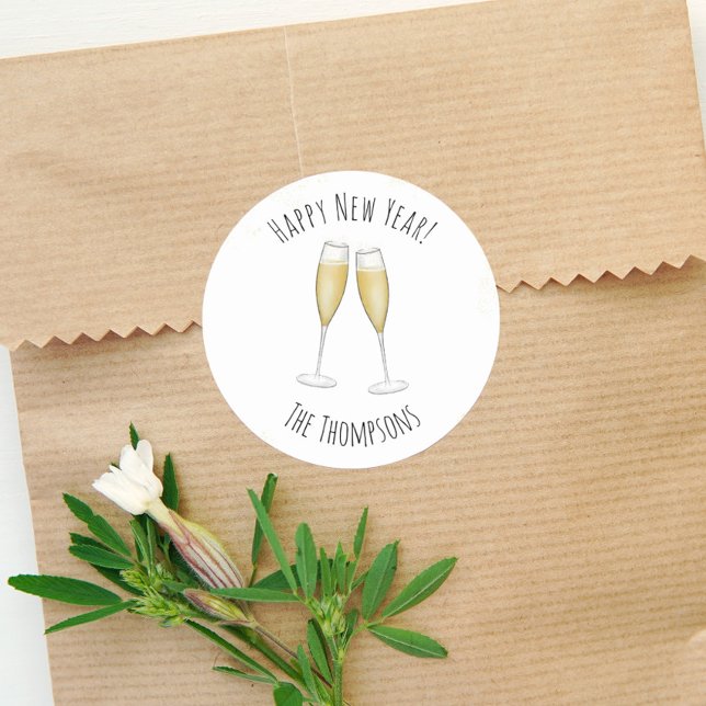 Pegatina Redonda Feliz Año Nuevo Acuarela Champán Divertido Lindo (Subido por el creador)