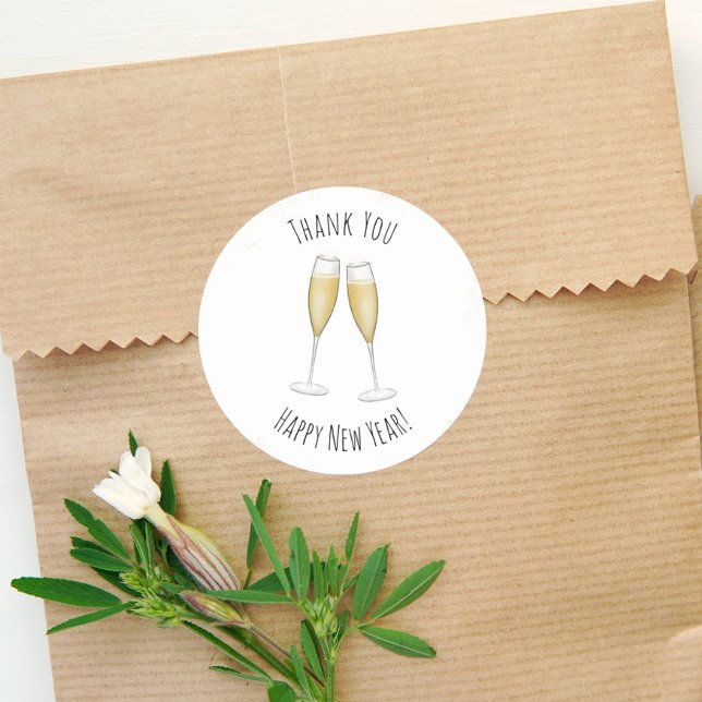 Pegatina Redonda Feliz Año Nuevo Acuarela Champán Gracias (Subido por el creador)