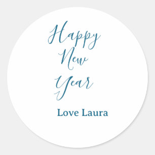 Pegatina Redonda Feliz año nuevo añádase nombre amor azul simple mí