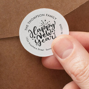 Pegatina Redonda Feliz Año Nuevo Artsy Script Return Address