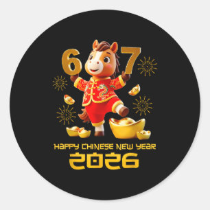 Pegatina Redonda Feliz Año Nuevo Chino 2026 Caballo Divertido 6 7 M
