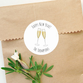 Pegatina Redonda Feliz Año Nuevo color de agua Champagne Cute Diver