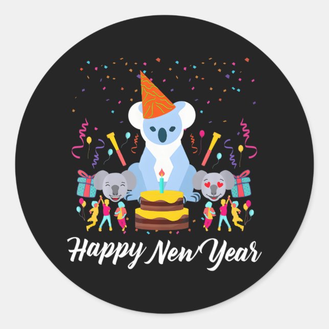 Pegatina Redonda Feliz Año Nuevo con el futuro de Koala (Anverso)