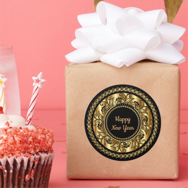 Pegatina Redonda Feliz Año Nuevo, elegante negro y oro, (Fiesta)