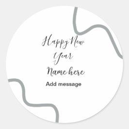 Pegatina Redonda Feliz año nuevo mensaje nombre gris simple festivo